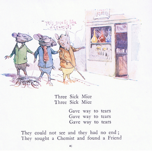Three sick mice, three sick mice, gave way to tears (colour litho)
