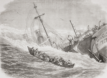The sinking of The SS London during stormy weather in the Bay of Biscay, in 1864.  From L'Univers Illustre published 1866.