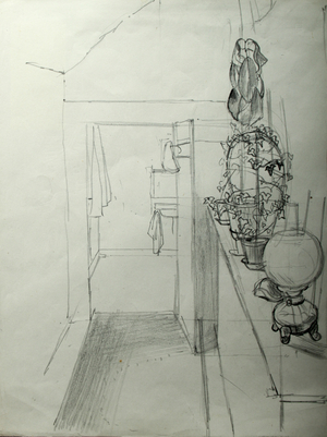 Corridor and Bathroom (pencil on paper)