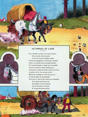 The Horse and the Ass, illustration from 'Fables' by Jean de la Fontaine, 1905-06 (colour litho)