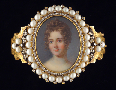 A bracelet set with two portrait miniatures of Ladies, possibly sisters, one with her hair curled, the other with a rose in her hair (w/c on ivory)