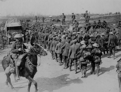 Captured German soldiers coming in from Flers, 1916 (b/w photo)