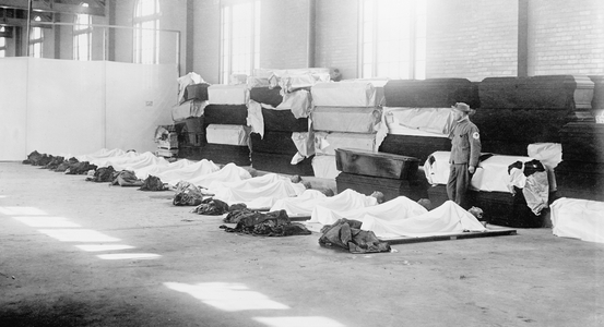 Corpses Laying on Floor with Coffins Lining Wall, Great Dayton Flood, Dayton, Ohio, USA, circa 1913