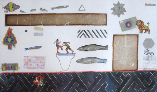 Still Life with Indian Puppets, Fish and Shapes (w/c & gold leaf on paper)