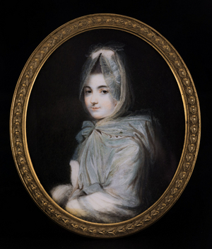 Portrait of a young woman in a bluish mantle, circa 1780 -1785 (miniature)
