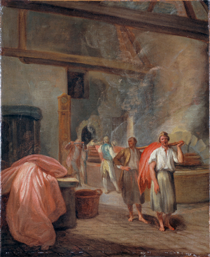 Dyeing workshop at the Gobelins, French tapestry makers, 1760 (oil on canvas)