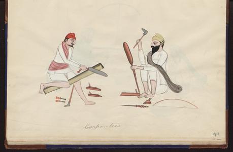 Two carpenters at work, 1885 (drawing)