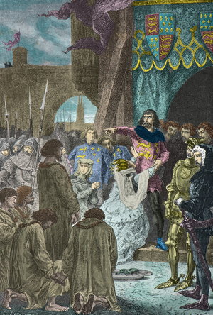 Philippa de Hainaut begs Edward 3 of England to spare the burghers of Calais in 1347 (Engraving)