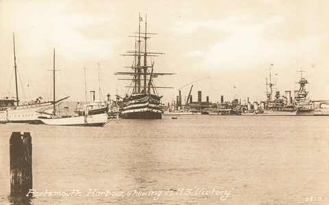 HMS Victory in Portsmouth harbour (b/w photo)