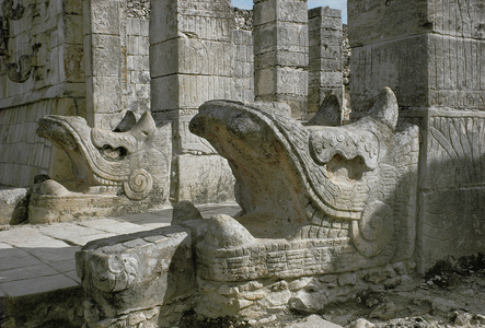 Heads of two feathered serpents from the upper section of the Temple of the Warriors, Chichen Itza