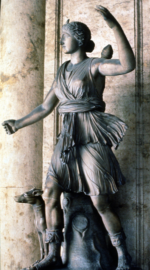 Artemis/Diana, Greek/Roman moon goddess, and goddess of hunting, woodlands and fertility. 