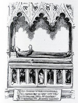 Illustration from a book depicting the Tomb of the poet John Gower at Southwark Cathedral