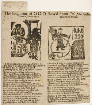 Printed ballad and woodcut illustration depicting the story of Dr John Faustus.