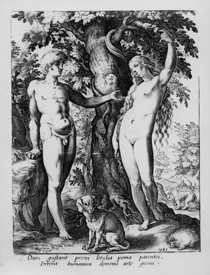 Adam and Eve, engraved by Hendrik Goltzius, 1585 (engraving)