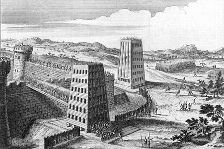 Wheeled siege towers and bridges of type used by Frederick II of Germany, Holy Roman Emperor for successful siege of Jerusalem (1229) ending 6th Crusade and 10 years truce. 18th century (engraving)