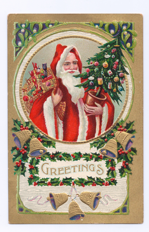 Edwardian postcard of Father Christmas holding a Christmas tree with a sack of toys over his shoulder, c.1910 (colour litho)