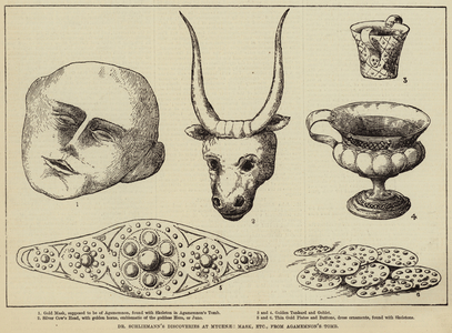 Dr Schliemann's Discoveries at Mycenae, Mask, etc, from Agamemnon's Tomb (engraving)