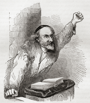 Knox in the pulpit. John Knox, c. 1514-1572. Scottish minister, theologian, writer, leader of the country's Reformation and founder of the Presbyterian Church of Scotland. From The History of Progress in Great Britain, published 1866 (b/w engraving)