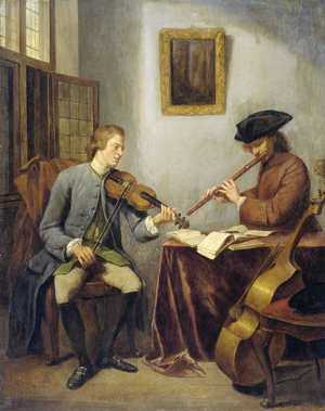 A Violinist and a Flutist Playing Music together, 1755 (oil on panel)