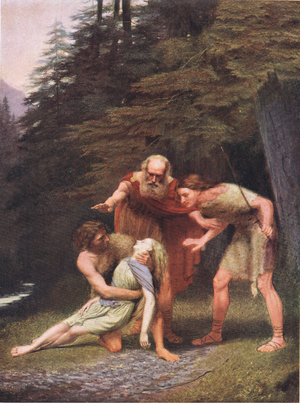 Arviragus and Imogen (Cymbeline) "Look! Here he comes, and brings the dire occasion in his arms of what we blame for him, from The Complete Works of William Shakespeare pub.by J Coker & Co Ltd (colour litho)
