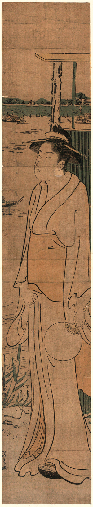 Sumida Kahan No Bijin, Beauty on the Bank of the Sumida River. [Between 1787 and 1789], 1 Print : Woodcut, Color ; 59.5 X 10.5 ., Print Shows a Woman, Full-Length Portrait, Standing on the Bank of the Sumida River, Facing Left, Holding a Fan.