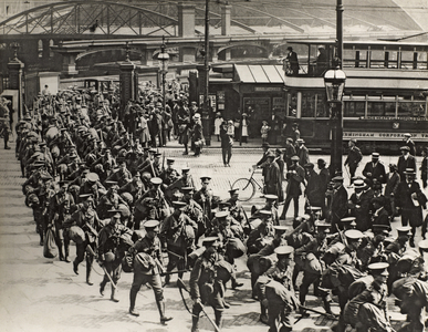 Soldiers marching through Birmingham train station, c.1914 (b/w photo)