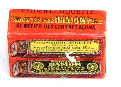 Zeolite box for razor sharpness and Hamon preparation for soft leather, around 1950