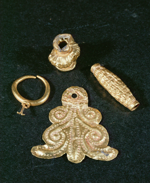 Gold pendants and a ring, from the rich ancient town at Tell el-Ajjul Late Bronze Age (gold)