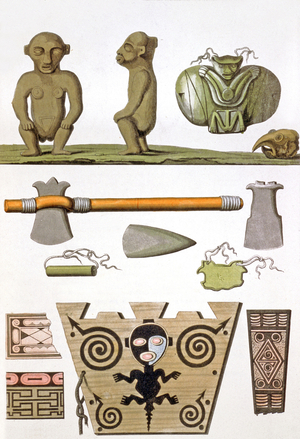 Idols and weapons of the Caribbeans, c.1820-30s (lithograph)