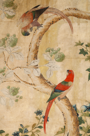 Detail of a wallpaper panel showing two parrots, Chinese 18th century painting, in Ha…, 2021 (photo)