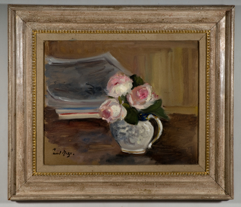 Pink roses in a white jug (oil on board)