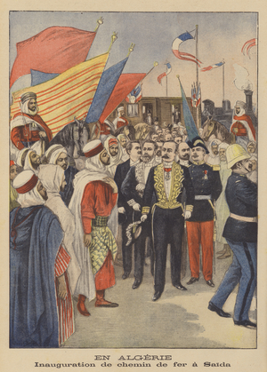 Opening of a railway at Saida, Algeria (colour litho)