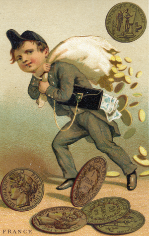 Thief escaping with a sack of French francs and banknotes, from a series of promotional cards on currencies in different countries, published in Paris by Baster &  Vieillemard for use by the chocolate producer, 'Chocolat Ibled', 1886-95 (colour litho)