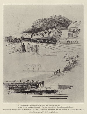 Accident to the Great Northern Railway Scotch Express at St Neots, Huntingdonshire (litho)