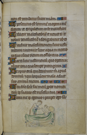 Bas-de-page scene of the Virgin Mary restoring an ill monk with her milk