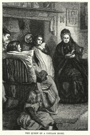 The Queen in a cottage home (engraving)