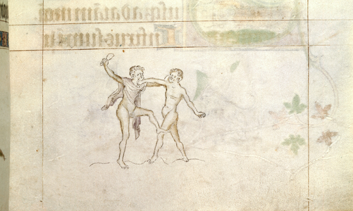 Two naked men wrestling