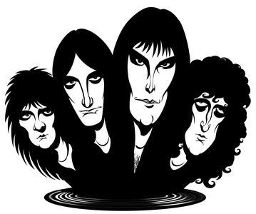 British rock band formed in 1971; caricatured from left to right: Roger Taylor (drummer, vocalist, 26 July 1949 -