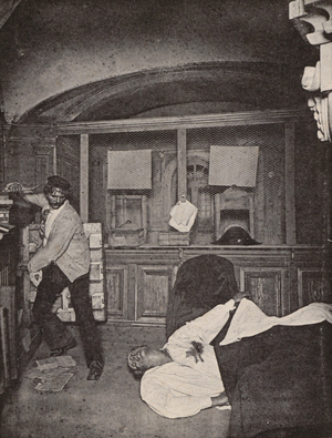 Man committing murder (b/w photo)