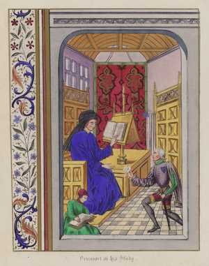 Froissart in his study (coloured engraving)