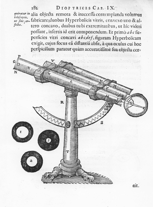 Telescope, illustration from 'Les Principes de la Philosophie', by René Descartes, 1647 (engraving)