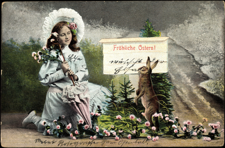 Congratulations Easter, girl holding kneened flowers, bunny