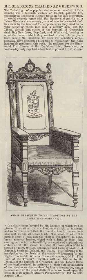 Chair presented to Mr Gladstone by the Liberals of Greenwich (engraving)