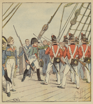 L'empereur commande l'exercice aux soldats du Bellerophon (colour litho)