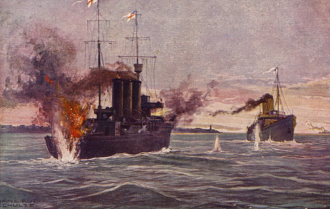 Destruction of a British minesweeper, World War I (colour litho)