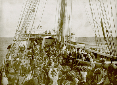 "Cheer, Boys, Cheer!" Or, Bound for South Africa (b/w photo)