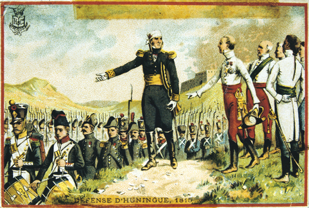 General Joseph Barbanegre (1772-1830) surrendering the of Hunigue to the Austrians, 26 August 1815. The French garrison of 135 was allowed to march out of the city with full military honours. Barbanegre with Archduke John of Austria. Trade card c1900. Chromolithograph