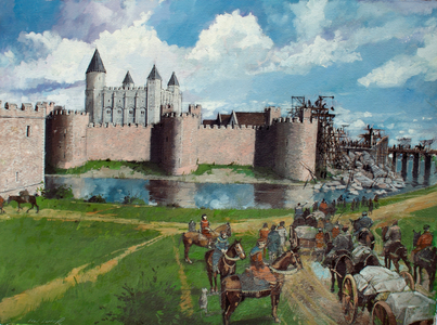 Reconstructed view of the Tower of London from the north west showing King Henry III's collapsed gateway in 1300, 1999 (acrylic on board)