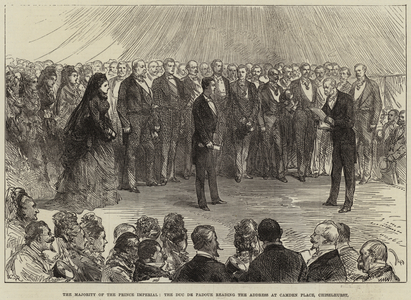 The Majority of the Prince Imperial, the Duc de Padoue reading the Address at Camden Place, Chiselhurst (engraving)
