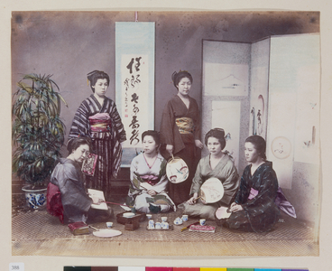 Six Women, Tea Party in Front of Shoji, 1879-1885 (hand coloured photo)
